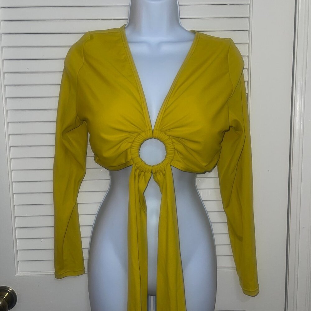 Mustard Yellow Ring Front Swim Top Crop Top  Long Sleeve 14
